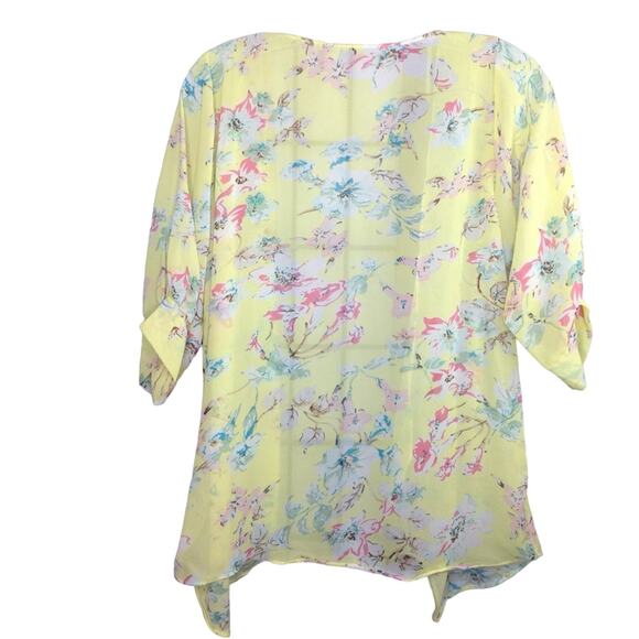 Floral Print Open Front Yellow Cardigan Kimono Duster Shawl M - Picture 5 of 6